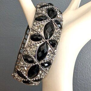 Gray metallic metal bracelet with black and clear bead accents